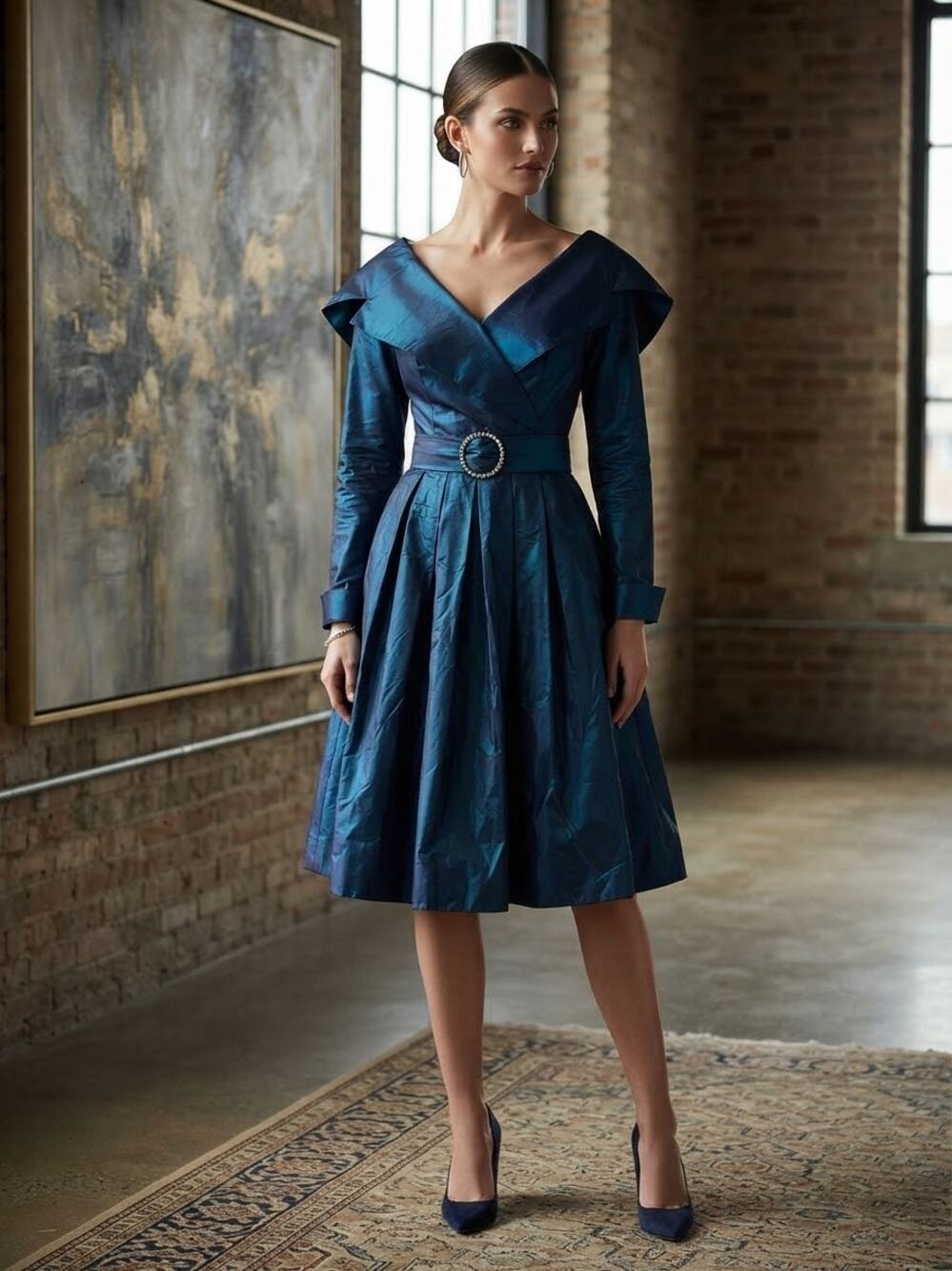 VTG 80s Alfred Angelo Iridescent Blue Taffeta Dress Portrait Collar ILGWU Prom